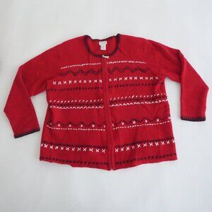 Vintage CLC Red Black Nordic Fair Isle Scandinavian Christmas Wool Cardigan XL